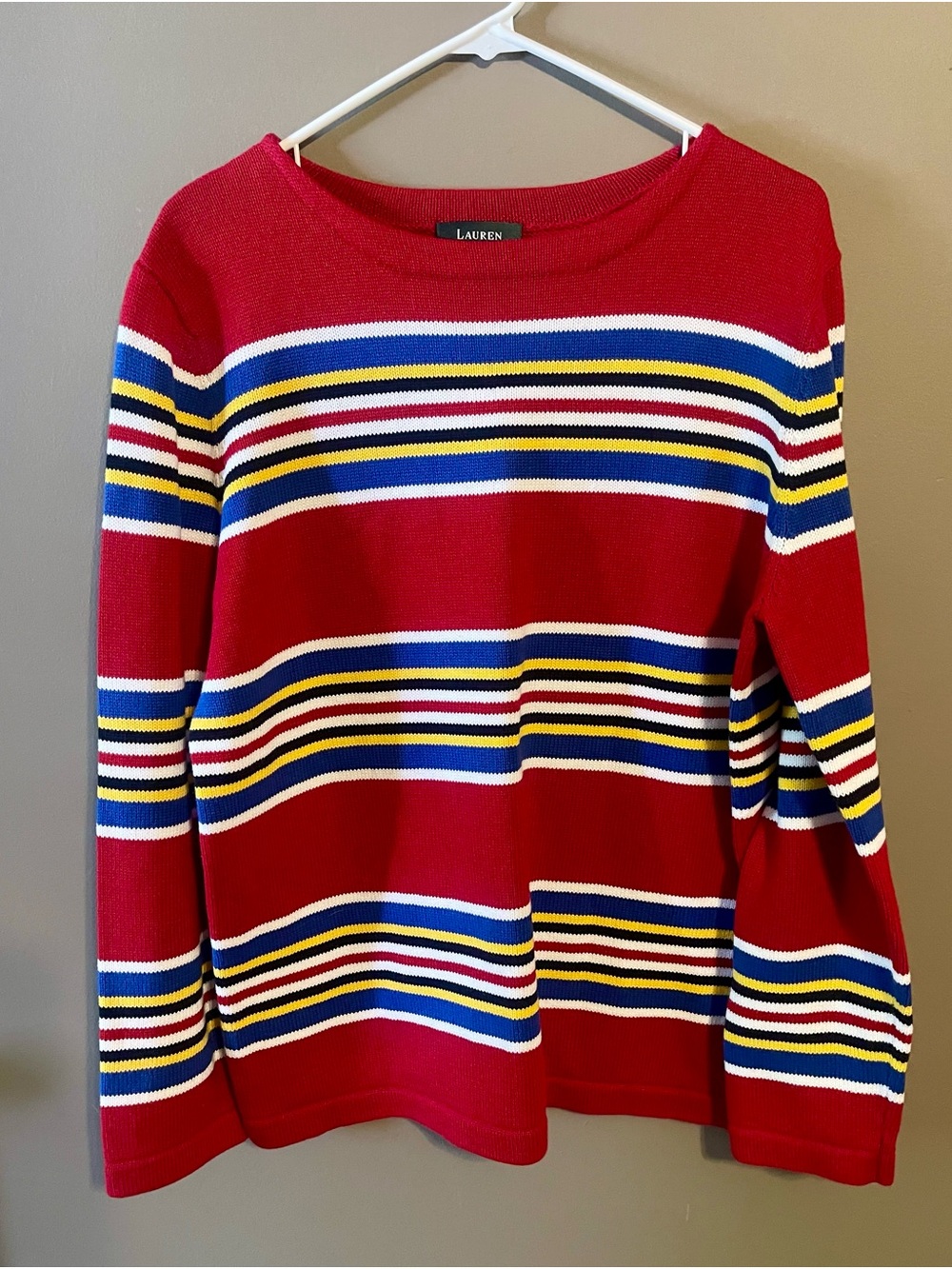 Ralph Lauren Red Crewneck Sweater with Multicolor Stripes